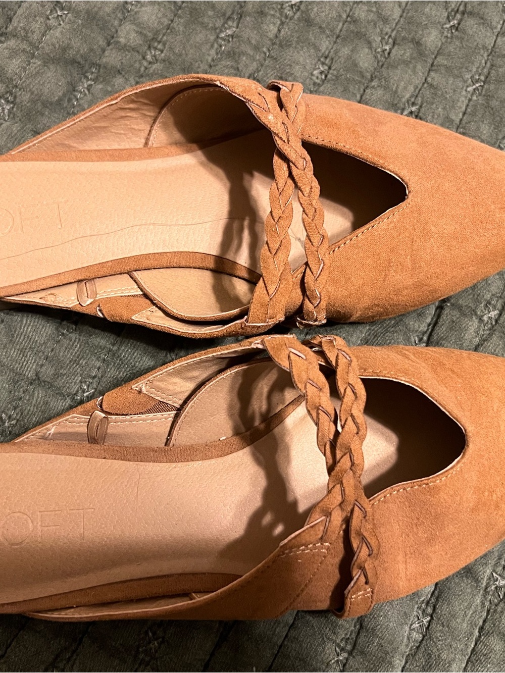 Braided Suede Pointed Toe Flats - Tan